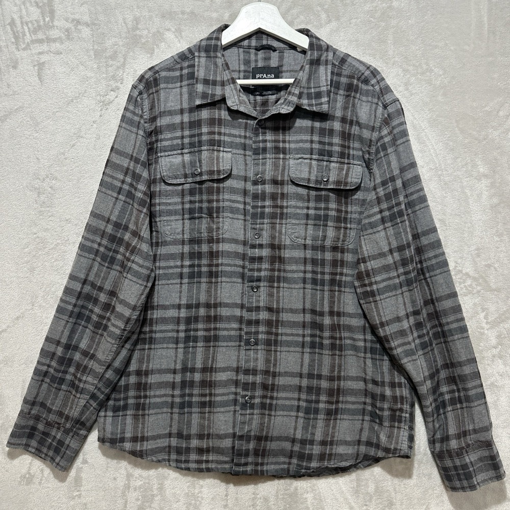Prana Men's Shirt L Long Sleeve Multicolor Plaid  Chest Pockets Organic Cottton